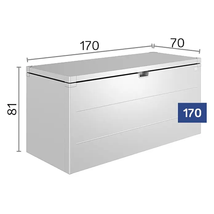 Biohort StyleBox Kissenbox 170 - L x B x H: 170 x 70 x 81 cm, Stahl, Silber-Metallic - Abbildung einer stilvollen, weißen Gartenbox mit präzisen Maßangaben für eine optimale Raumplanung im Außenbereich.