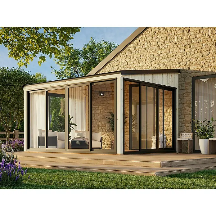 Palmako Pérgola adosada Lumi Slide Plus - L x An: 297 x 420 cm, Natural, Doble acristalamiento de 24 mm, Puerta corredera - Esta imagen muestra un moderno cerramiento de patio con puertas correderas, creando una transición perfecta al jardín. Ideal para un estilo de vida al aire libre elegante.