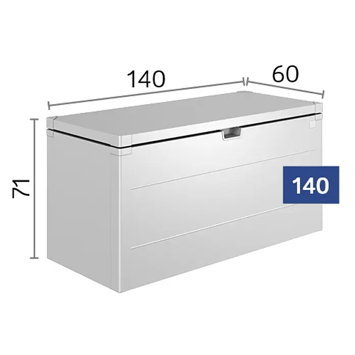Biohort StyleBox Kissenbox 140 - L x B x H: 140 x 60 x 71 cm, Stahl, Silber-Metallic - Abbildung einer grauen Aufbewahrungsbox mit den Maßen 140 x 60 x 71 cm zur einfachen Orientierung.