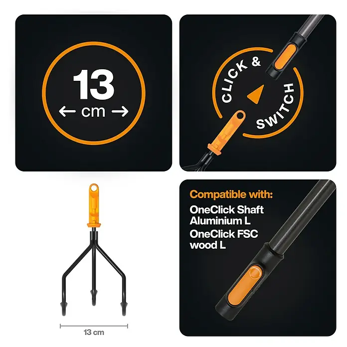 Fiskars OneClick Grubber - Arbeitsbreite: 13,2 cm, Anzahl Zinken: 3 Stk. - Bild einer Fiskars Gartenkralle mit OneClick-Funktion, 13 cm breit und kompatibel mit verschiedenen OneClick-Stielen für den Garten.