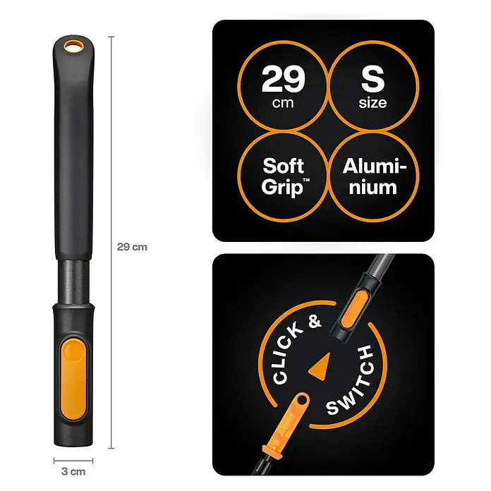 Fiskars OneClick Kleingrubber Handgriff S - Länge: 43,6 cm, Stahl - Nahaufnahme eines Fiskars-Produktbildes, das eine Gartengeräte-Ergänzung mit "Soft Grip" und "Click & Switch"-Funktion zeigt.