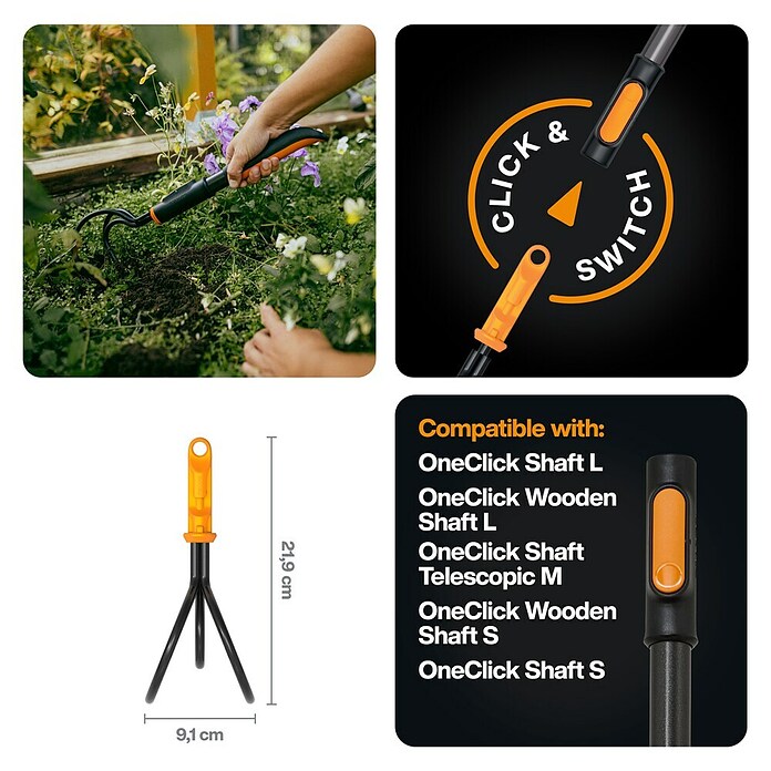 Fiskars OneClick Kleingrubber (Arbeitsbreite: 9,1 cm, Anzahl Zinken: 3 Stk.) | BAUHAUS