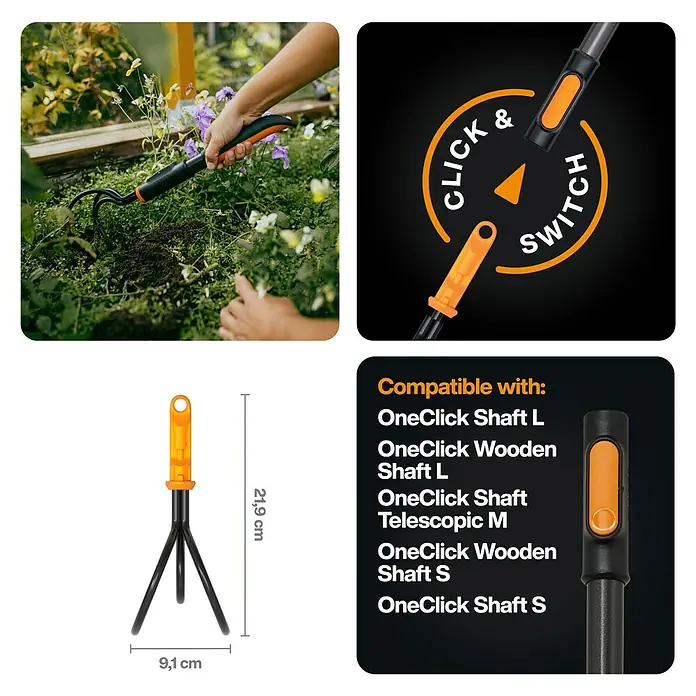 Fiskars OneClick Kleingrubber Handgriff S - Länge: 43,6 cm, Stahl - Produktabbildung einer Fiskars-Gartenkralle mit orangem Griff und drei Zinken. Austauschbares Werkzeug für die Gartenarbeit.