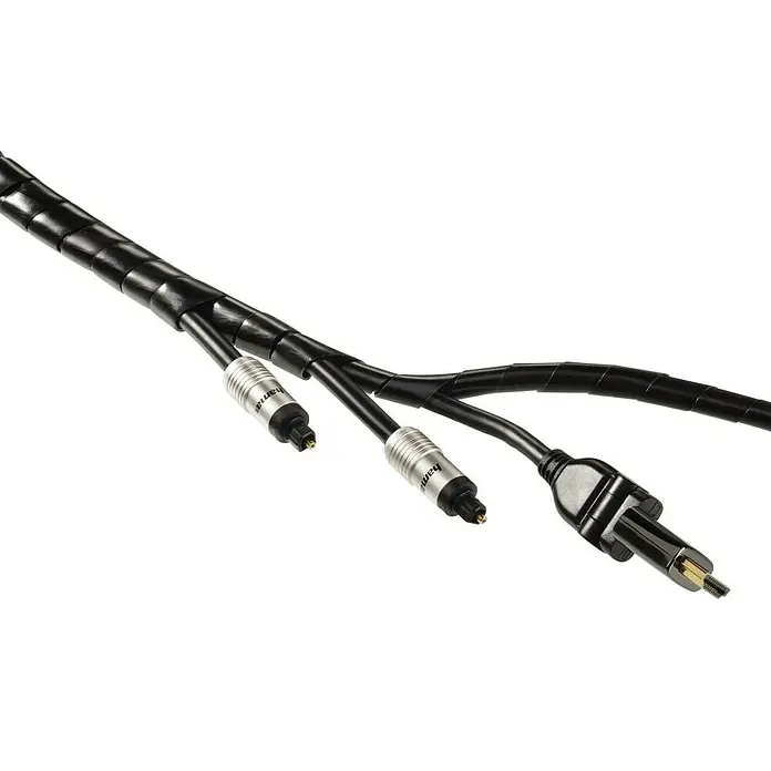 Hama Spiralschlauch 00220994 - Länge: 2,5 m - Das Bild zeigt ein Hama TOSLINK-Kabel mit zwei optischen Anschlüssen und einem Stecker, umwickelt mit einem schwarzen Kabelschlauch.