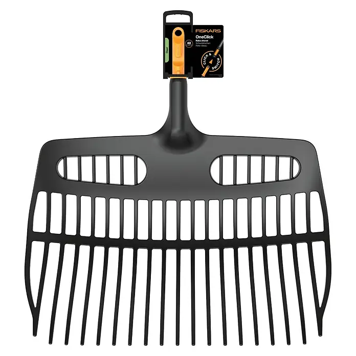 Fiskars OneClick Gartenrechen - Arbeitsbreite: 48,2 cm - Abgebildete ist ein schwarzer Fiskars OneClick Rechen mit kurzem Griff und dem OneClick-System für schnelles Wechseln von Werkzeugköpfen.