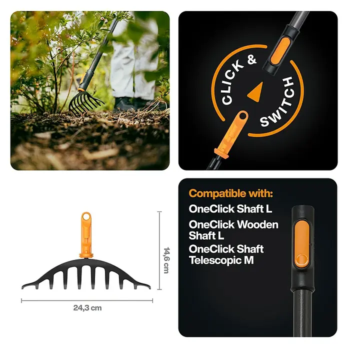 Fiskars OneClick Gartenrechen - Arbeitsbreite: 25 cm, Anzahl Zinken: 10 Stk. - Produktbild: Der Fächerbesenaufsatz von Fiskars mit Kompatibilitätshinweisen und Größenangaben.