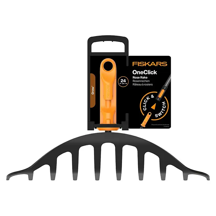 Fiskars OneClick Gartenrechen - Arbeitsbreite: 25 cm, Anzahl Zinken: 10 Stk. - Das Bild zeigt einen Fiskars OneClick Rosenrechen mit einem schwarzen Rechenkopf und einem orangefarbenen Griff.