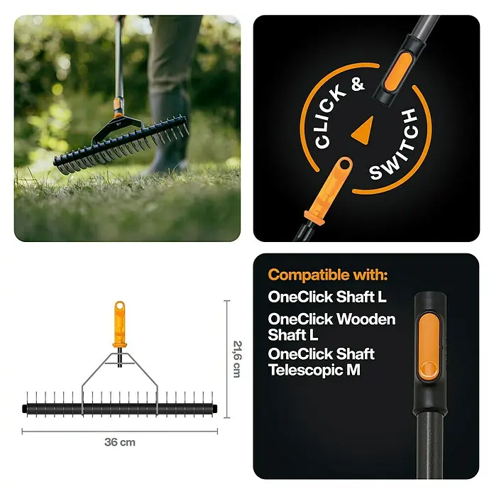 Fiskars OneClick Rasenlüfter - L x B x H: 21,6 x 36 x 8,3 cm - Das Bild zeigt einen Fächerbesen mit Click & Switch Funktion und den passenden OneClick Schäften L, Holz L und Teleskop M.