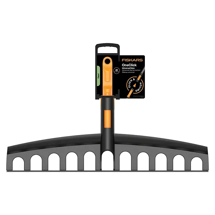 Fiskars OneClick Gartenrechen Universal - Arbeitsbreite: 40,9 cm, Anzahl Zinken: 12 Stk. - Der Fiskars OneClick Universalrechen für vielseitige Gartenarbeiten. Mit innovativem Klickmechanismus für schnellen Werkzeugwechsel.