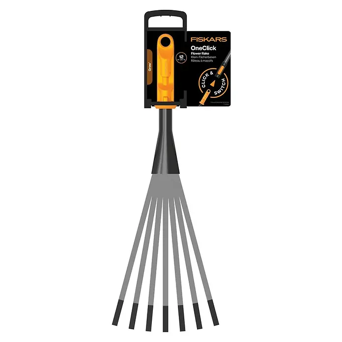 Fiskars OneClick Gartenrechen - Arbeitsbreite: 12,4 cm, Anzahl Zinken: 7 Stk. - Eine Fiskars OneClick Blumenharke mit orangem Griff und schwarzen Akzenten, ideal für die Gartenarbeit und Beetpflege.