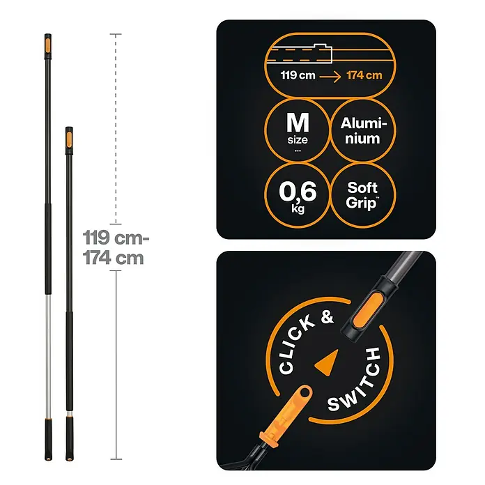 Fiskars OneClick Teleskopstab - 118,7 cm - 179 cm, Aluminium - Produktbild einer Teleskopstange von Fiskars mit einer Länge von 119 cm bis 174 cm, Aluminium, Größe M, Gewicht 0,6 kg, Soft Grip und Klick-Switch-Funktion.
