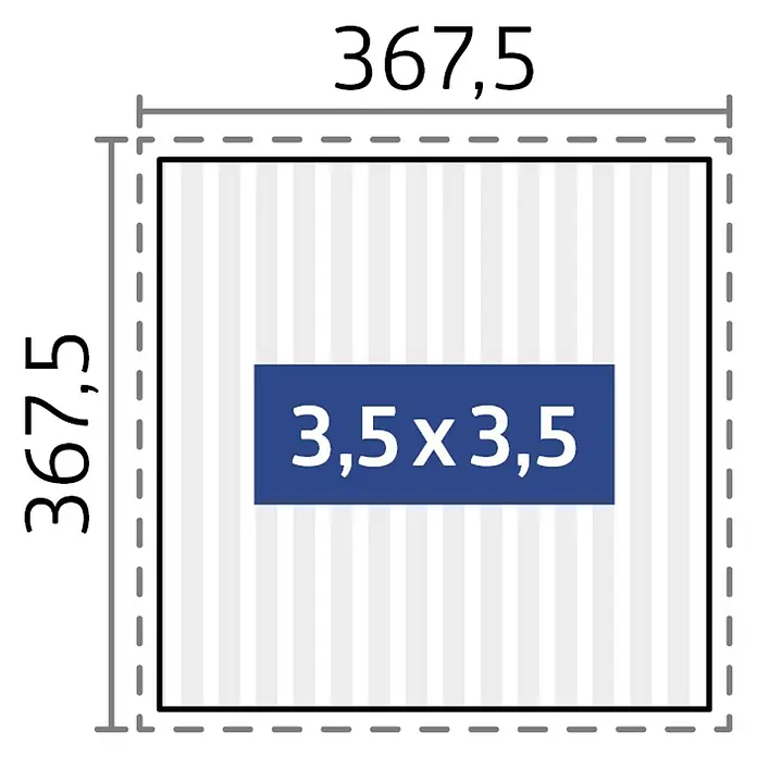 Biohort Lamellenpavillon - B x T: 367,5 x 367,5 cm, Weiß/Silber Metallic, Material Gestell: Stahl - Schema mit Maßangaben von 367,5 x 367,5 und einer Fläche von 3,5 x 3,5.