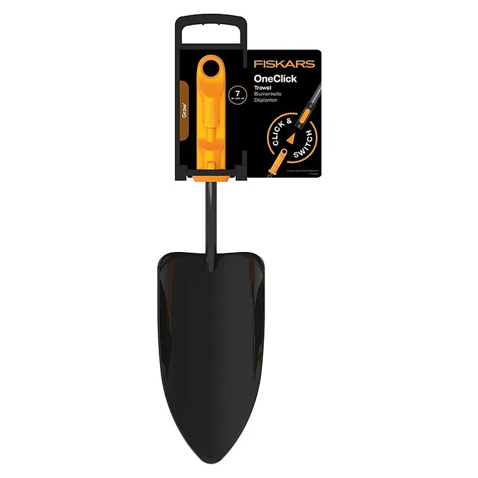 Fiskars OneClick Blumenkelle - 28,8 cm - Nahaufnahme einer Fiskars OneClick Pflanzkelle, die für einfache Gartenarbeit konzipiert ist und ein einfaches Wechseln der Werkzeuge ermöglicht.