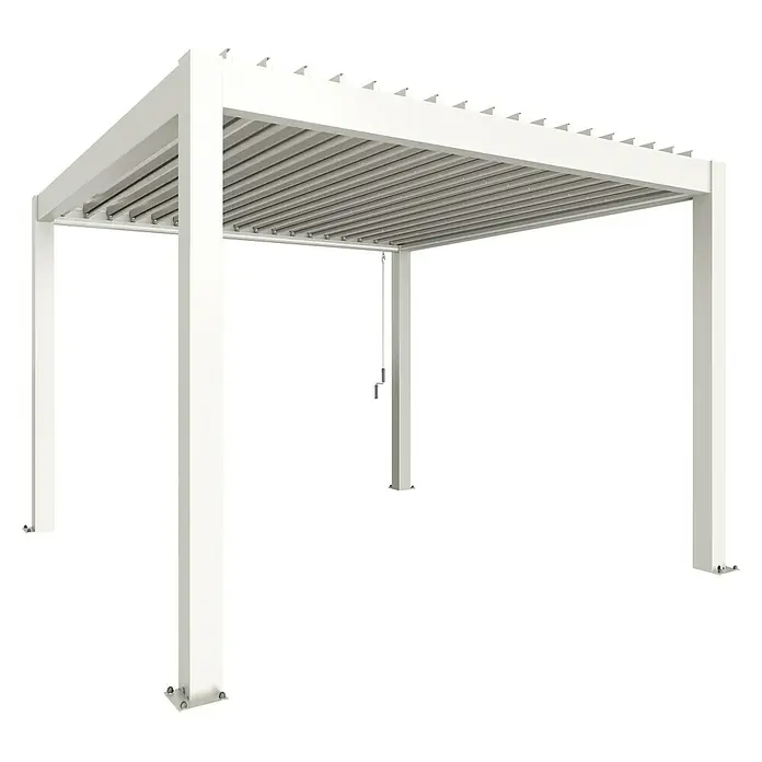 Biohort Lamellenpavillon - B x T: 367,5 x 367,5 cm, Weiß, Material Gestell: Stahl - Bild eines modernen, weißen Aluminium-Pavillons mit verstellbaren Lamellen für den Außenbereich.