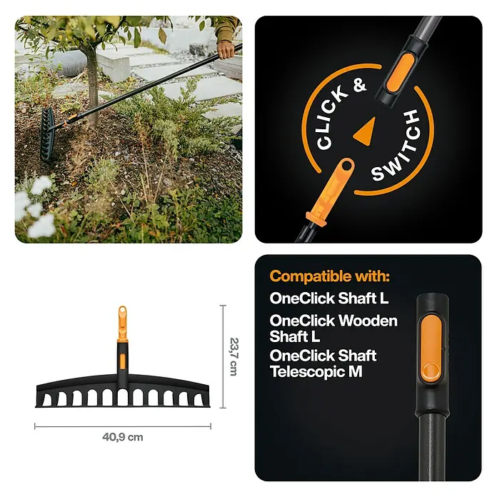 Fiskars OneClick Gartenrechen Universal - Arbeitsbreite: 40,9 cm, Anzahl Zinken: 12 Stk. - Abbildung eines Fiskars Rechen mit OneClick-Funktion und austauschbarem Stielsystem, ideal für die Gartenarbeit.