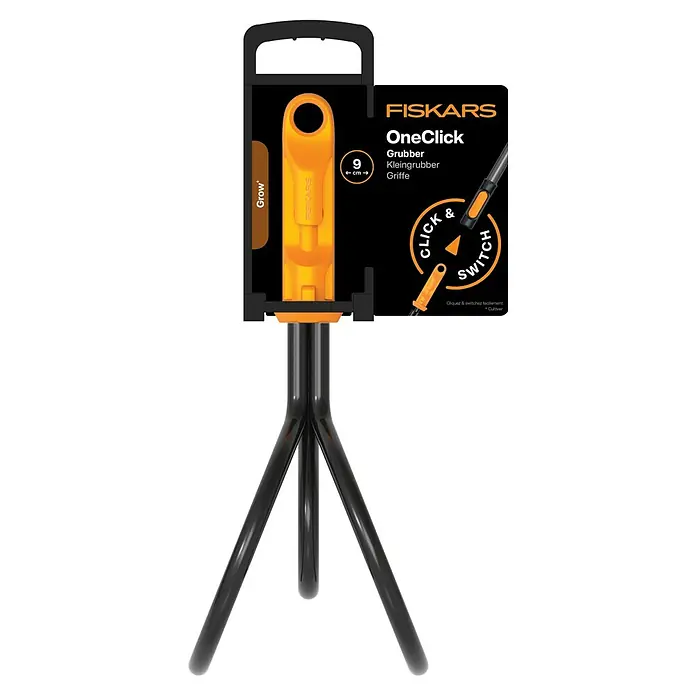 Fiskars OneClick Kleingrubber - Arbeitsbreite: 9,1 cm, Anzahl Zinken: 3 Stk. - Abbildung des Fiskars OneClick Grubbers, ein vielseitiges Gartenwerkzeug mit austauschbaren Aufsätzen für verschiedene Aufgaben.