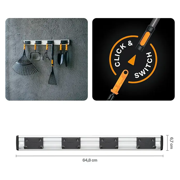 Fiskars OneClick Gerätehalter - L x B x H: 5 x 64,8 x 6,7 cm - Wandmontierte Gerätehalterung mit Gartengeräten und Detailansicht des Klick-Systems.