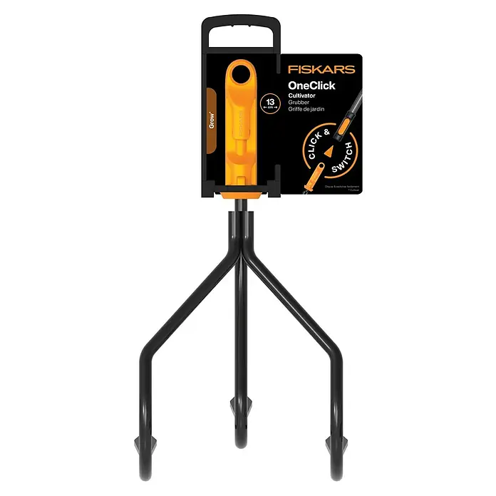 Fiskars OneClick Grubber - Arbeitsbreite: 13,2 cm, Anzahl Zinken: 3 Stk. - Abbildung eines Fiskars OneClick Kultivators, eines Gartenwerkzeugs mit austauschbarem Kopf und stabilem Stiel für die Gartenarbeit.