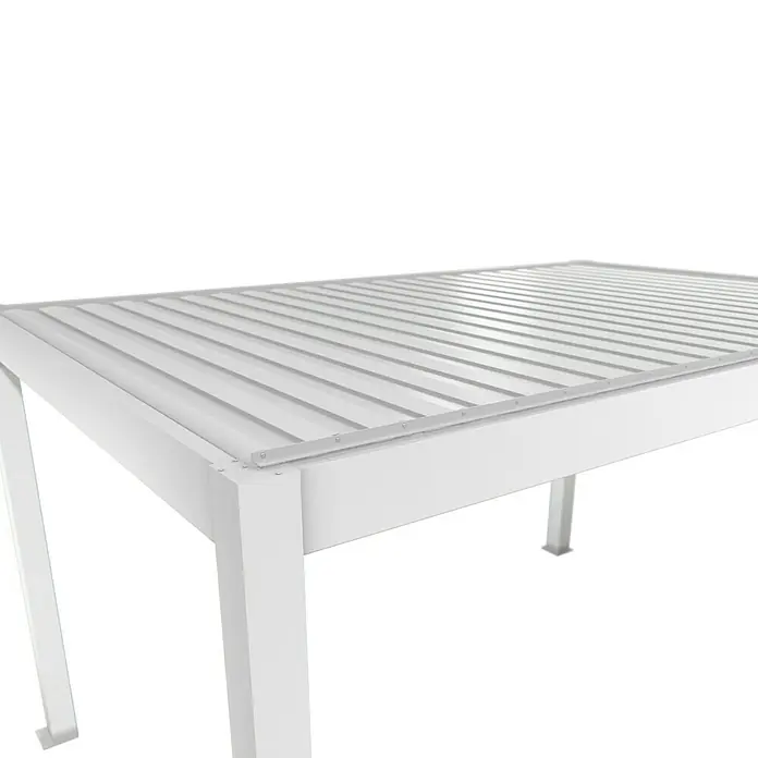 Biohort Lamellenpavillon - B x T: 404,5 x 312 cm, Weiß, Material Gestell: Stahl - Nahaufnahme eines stilvollen, modernen Pavillons mit einer robusten, wetterfesten Lamellenstruktur auf einem weißen Rahmen.