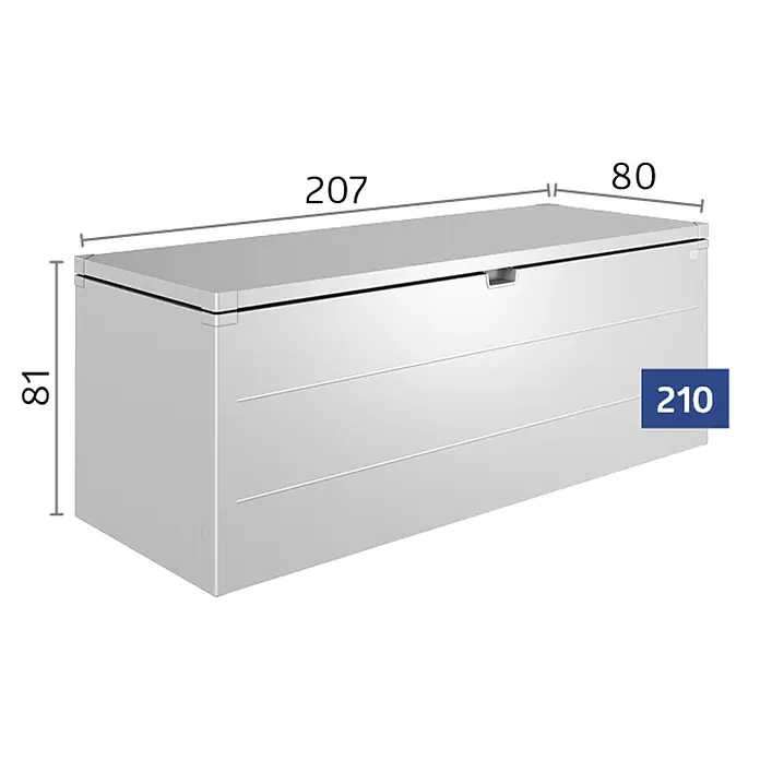 Biohort StyleBox Kissenbox 210 - L x B x H: 207 x 80 x 81 cm, Stahl, Dunkelgrau-Metallic - Abbildung einer geräumigen, grauen Gartenbox mit den Maßen 207 x 80 x 81 cm und einem Fassungsvermögen von 210 Litern. Ideal für die Aufbewahrung im Freien.