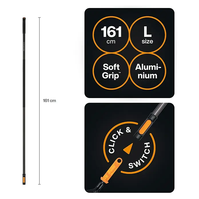 Fiskars OneClick Aluminiumstiel - Aluminium, 161,3 cm - Abbildung des Fiskars-Gerätestiels: 161 cm lang, Soft Grip, Aluminium, Klick- und Wechselsystem für vielseitige Gartenarbeit.