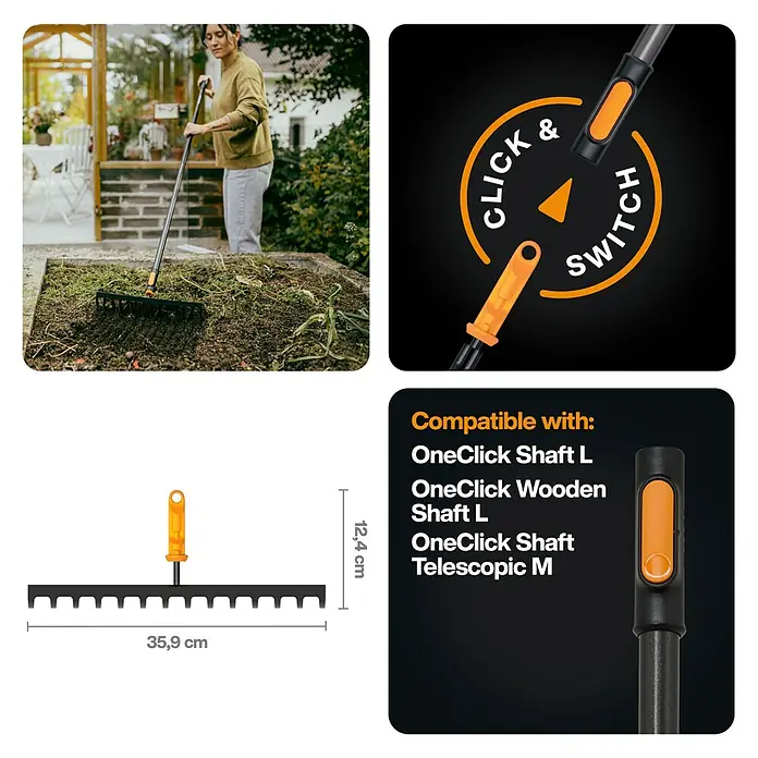 Fiskars OneClick Rasenrechen - L x B x H: 12,4 x 35,9 x 8,1 cm, 14 Stk. - Abbildung einer Fiskars Gartenharke mit den Maßen 35,9 cm Breite und 12,4 cm Höhe, sowie dem Hinweis zur Kompatibilität mit OneClick Schäften.