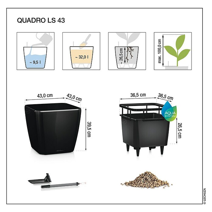 Lechuza Pflanzkasten Quadro Premium LS (Außenmaß (L x B x H): 43 x 43 x 39 cm, Kunststoff, Anthrazit) | BAUHAUS
