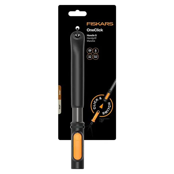 Fiskars OneClick Aluminiumstiel - Aluminium, 29,2 cm - Abbildung des Fiskars OneClick Handle S, einem vielseitigen Werkzeuggriff für Gartenarbeiten mit austauschbaren Aufsätzen.