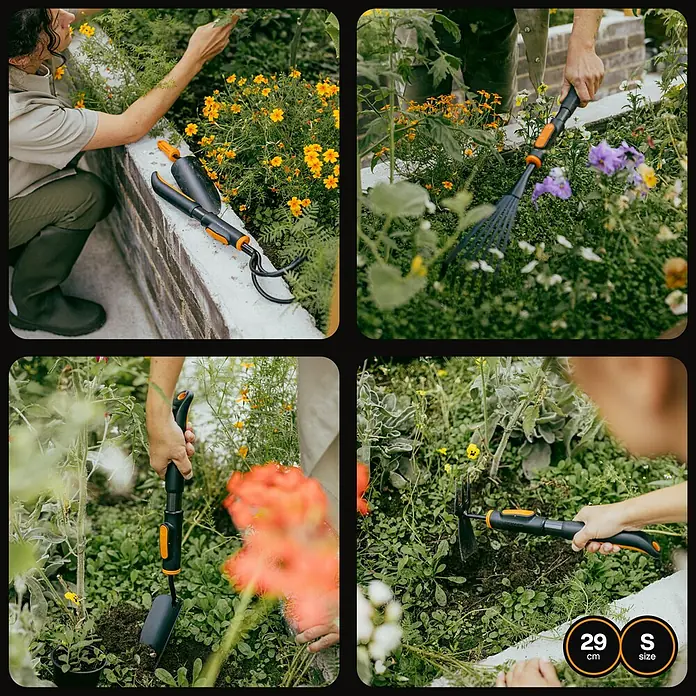 Fiskars OneClick Aluminiumstiel - Aluminium, 29,2 cm - Verschiedene Ansichten von Gartenwerkzeugen mit schwarzen Griffen und orangen Details, die in einem Garten verwendet werden.