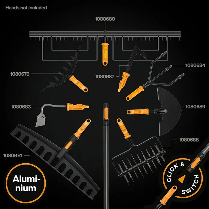 Fiskars OneClick Aluminiumstiel - Aluminium, 161,3 cm - Abbildung von verschiedenen Gartenwerkzeugaufsätzen mit orangefarbenen Griffen, die auf einem dunklen Hintergrund angeordnet sind.
