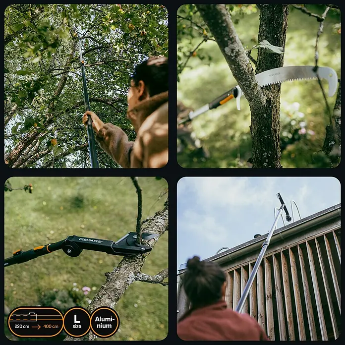 Fiskars OneClick Teleskopstab - 219,6 cm - 400 cm, Aluminium - Das Bild zeigt die vielseitige Fiskars Baumschere in verschiedenen Gartenszenarien, von Baumschnitt bis zur Dachrinnenreinigung.