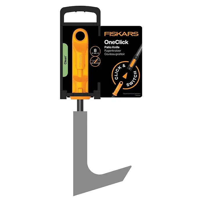 Fiskars OneClick Fugenkratzer - Borstahl - Abbildung eines Fiskars OneClick Fugenkratzer. Das Werkzeug verfügt über einen ergonomischen Griff und eine robuste Klinge zum Reinigen von Terrassen.