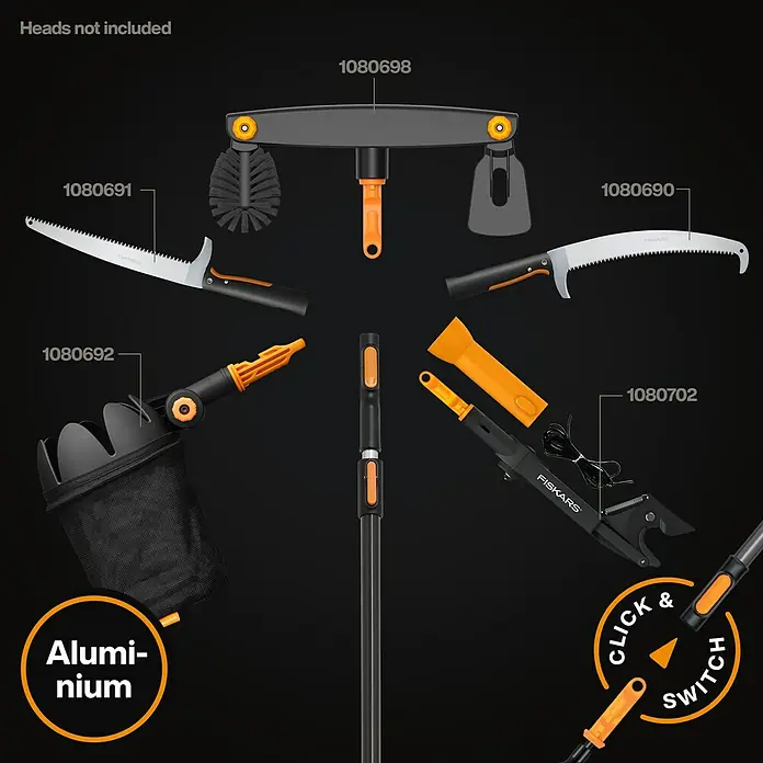 Fiskars OneClick Teleskopstab - 219,6 cm - 400 cm, Aluminium - Produktbild des Fiskars Werkzeugkopf-Systems mit verschiedenen Aufsätzen für die Gartenarbeit.