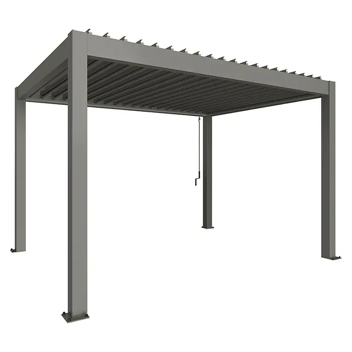 Biohort Pergola Lamellenpavillon - B x T: 404,5 x 312 cm, Quarzgrau-Metallic, Material Gestell: Stahl - Bild einer modernen Pergola mit verstellbaren Lamellen, ideal für den Außenbereich. Schützt vor Sonne und bietet stilvollen Schatten.
