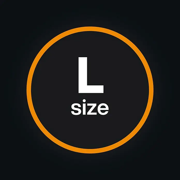 Fiskars OneClick Teleskopstab - 219,6 cm - 400 cm, Aluminium - Abbildung eines Produkts in Größe L, dargestellt durch ein großes weißes "L" und dem Wort "Größe" innerhalb eines orangefarbenen Kreises.