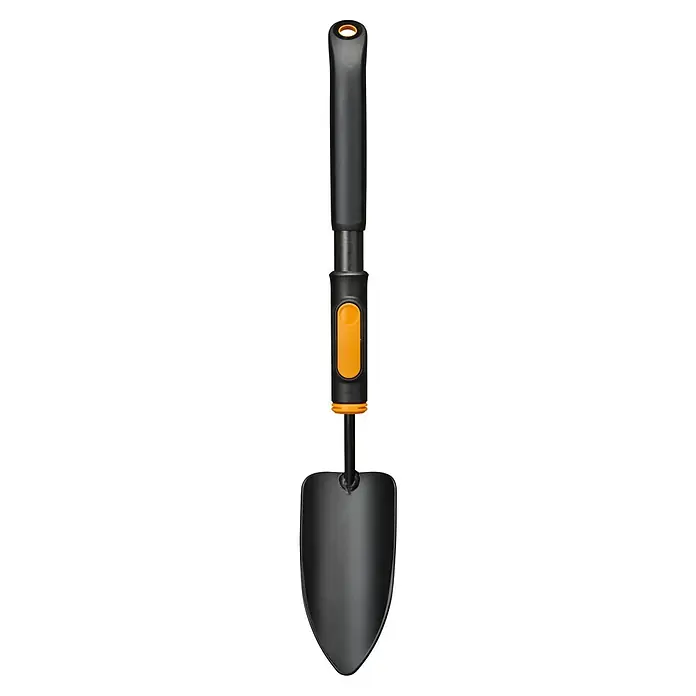 Fiskars OneClick Blumenkelle + Handgriff S - 49,1 cm - Schwarzer Gartenhandspaten mit orangen Akzenten für präzises Arbeiten in Beeten und Pflanzgefäßen. Ideal für Hobbygärtner.