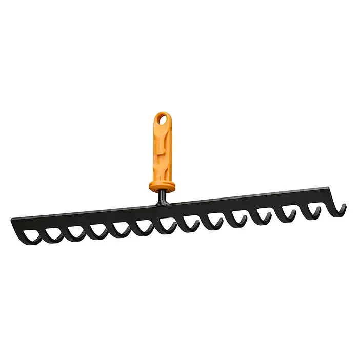 Fiskars OneClick Rasenrechen - L x B x H: 12,4 x 35,9 x 8,1 cm, 14 Stk. - Fiskars QuikFit Rechenaufsatz für die Gartenarbeit. Das Werkzeug hat einen orangefarbenen Griff und ist ideal zum Einebnen von Böden.