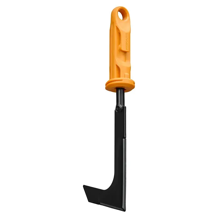 Fiskars OneClick Fugenkratzer - Borstahl - Nahaufnahme eines Fiskars Unkrautstechers mit orangem Griff und schwarzer Klinge, ideal für Gartenarbeiten und Unkrautentfernung.