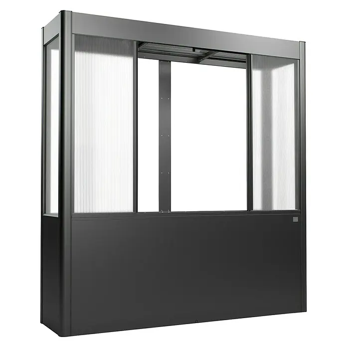 Biohort Florentina Gewächshaus - L x B x H: 54,8 x 201,6 x 213,4 cm, Dunkelgrau Metallic, Stahl - Nahaufnahme eines modernen, grau gefärbten Pavillons mit Schiebetüren, der Schutz und Privatsphäre im Außenbereich bietet.