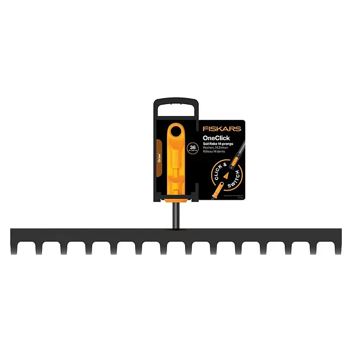 Fiskars OneClick Rasenrechen - L x B x H: 12,4 x 35,9 x 8,1 cm, 14 Stk. - Abbildung eines Fiskars OneClick Bodenrechens mit 14 Zinken und einem austauschbaren Aufsatz für verschiedene Gartenarbeiten.