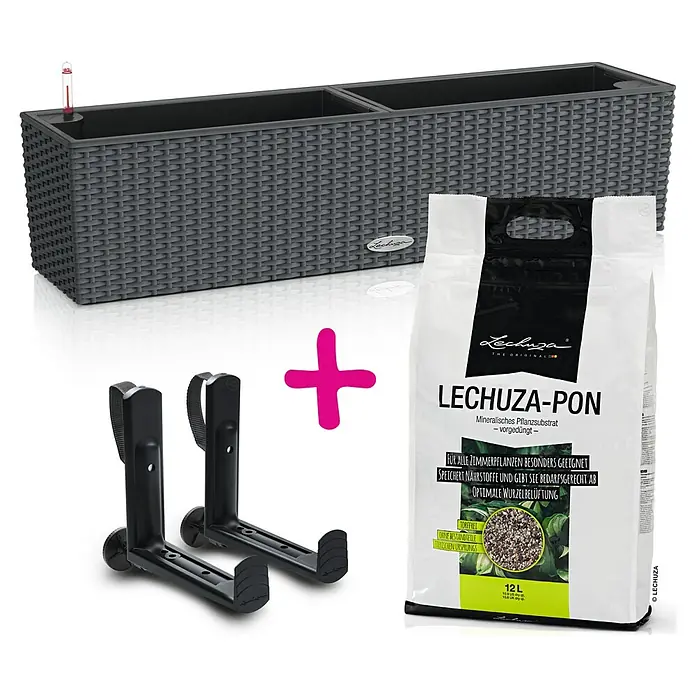 Balkonkasten Balconera Set - Max. Außenlänge: 79 cm, Kunststoff, Grau - Lechuza Komplett-Set: Pflanzkasten im Rattan-Design, Wandhalterung und Pflanzsubstrat für eine einfache und stilvolle Begrünung im Innenbereich.