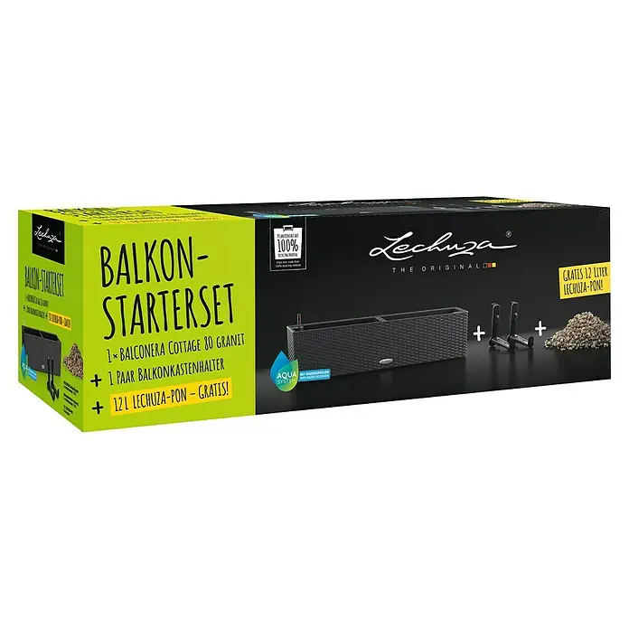 Balkonkasten Balconera Set - Max. Außenlänge: 79 cm, Kunststoff, Grau - Das Lechuza Balkon-Starterset, bestehend aus einem Balkonkasten, Halterungen und 12 Litern Lechuza-Pon, ist die perfekte Lösung für Ihren Balkon.