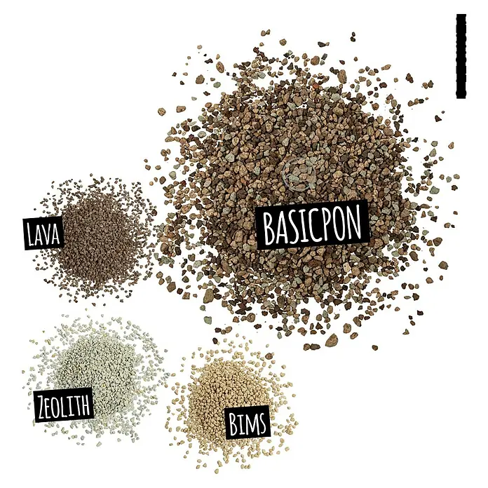 Lechuza Pflanzgranulat Basicpon - 20 l - Nahaufnahme von Basaltlava, Zeolith, Bims und Basicpon, die eine Mischung aus vulkanischem Gestein für Pflanzen darstellen.