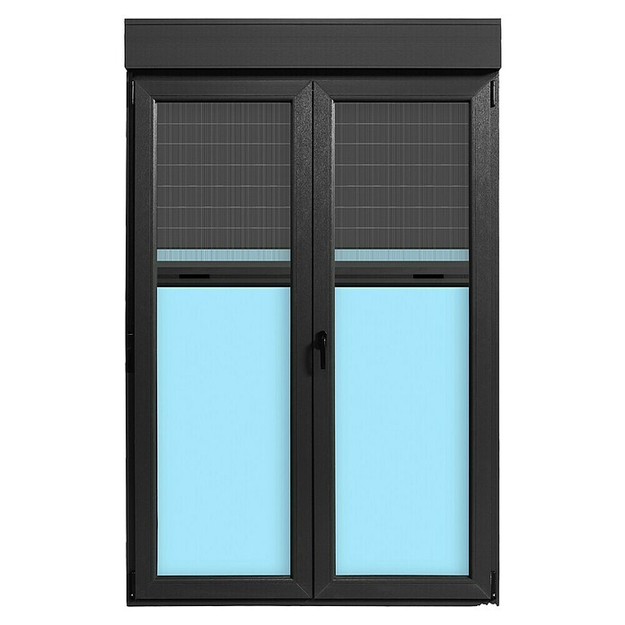 Balconera de PVC practicable-oscilobatiente (140 x 218 cm, Derecha, Gris grafito, Con persiana de PVC y mosquitera) | BAUHAUS