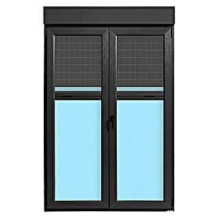 Balconera de PVC practicable-oscilobatiente (140 x 218 cm, Derecha, Gris grafito, Con persiana de PVC y mosquitera)