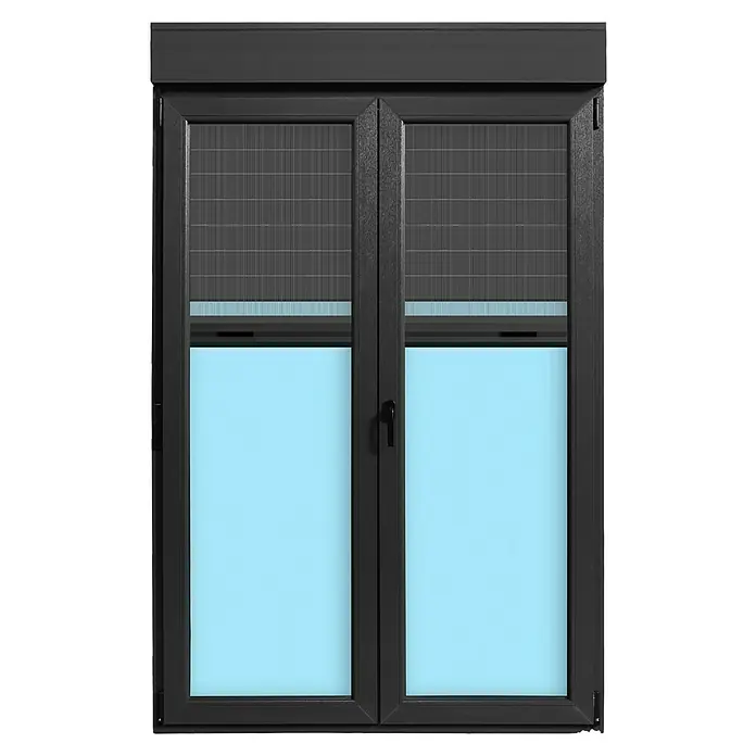 Balconera de PVC practicable-oscilobatiente - 140 x 218 cm, Derecha, Gris grafito, Con persiana de PVC y mosquitera - Ventana doble negra con persianas opacas y vidrio azul, ideal para espacios de vida modernos.