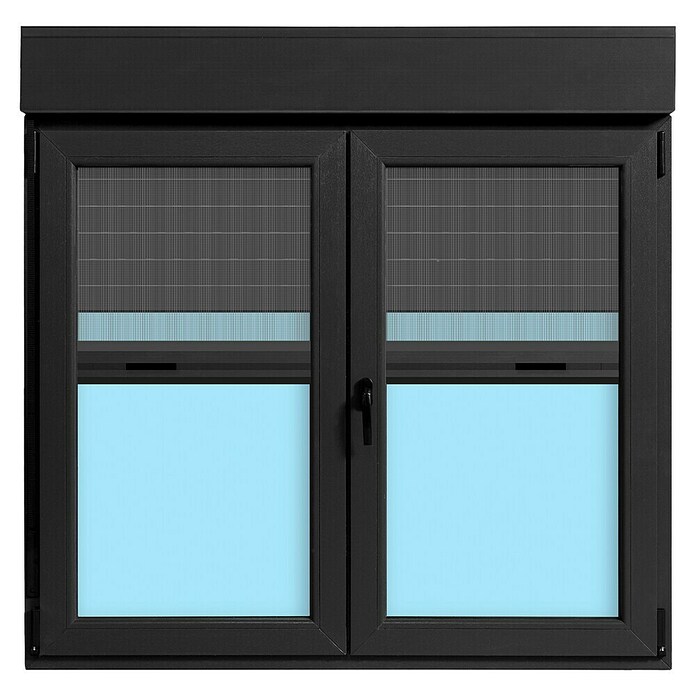Ventana de PVC practicable-oscilobatiente (140 x 138 cm, Derecha, Gris grafito, Con persiana de PVC y mosquitera)