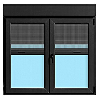 Ventana de PVC practicable-oscilobatiente (140 x 138 cm, Derecha, Gris grafito, Con persiana de PVC y mosquitera)
