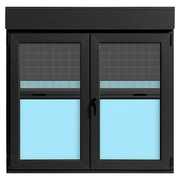 Ventana de PVC practicable-oscilobatiente - 140 x 138 cm, Derecha, Gris grafito, Con persiana de aluminio y mosquitera - Ventana negra con persiana enrollable. La ventana tiene dos hojas y una estética moderna, ideal para espacios residenciales.