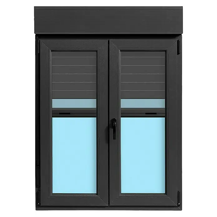 Ventana de PVC practicable-oscilobatiente - 100 x 138 cm, Derecha, Gris grafito, Con persiana de aluminio y mosquitera - La imagen muestra una ventana gris con persianas enrollables. Las ventanas están cerradas y el marco es de un material oscuro.